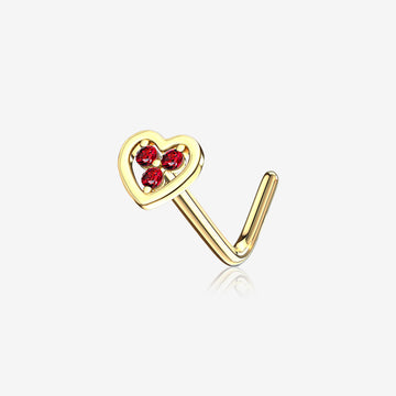 14 Karat Gold Trinity Sparkle Heart L-Shaped Nose Ring-Red